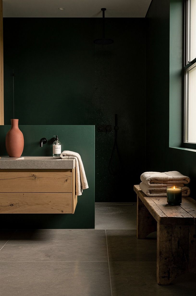 Start with a deep wall color for dark wet room ideas