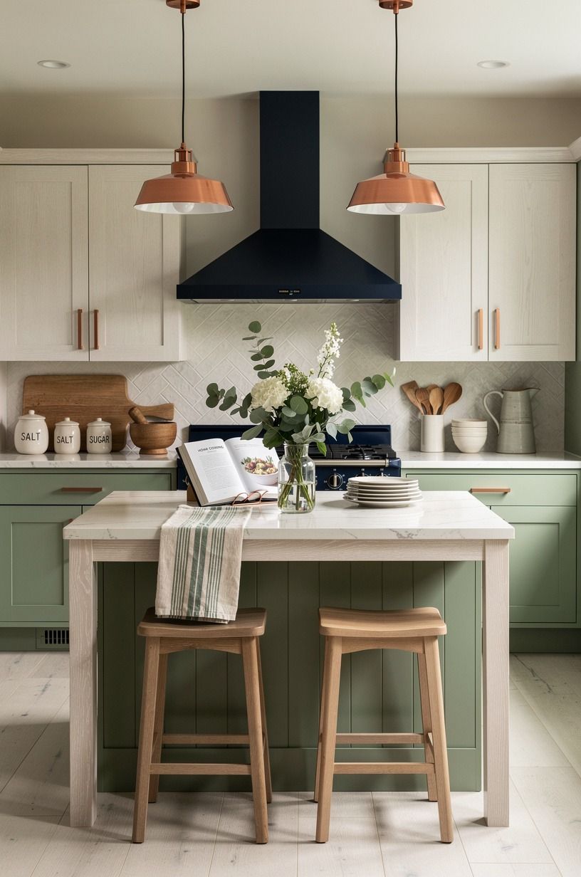 Use the Two-Wood Rule around your sage green cottage kitchen