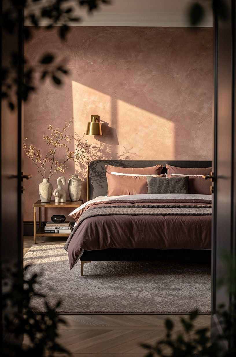 Anchor the floor with a wool rug that reaches past the bed