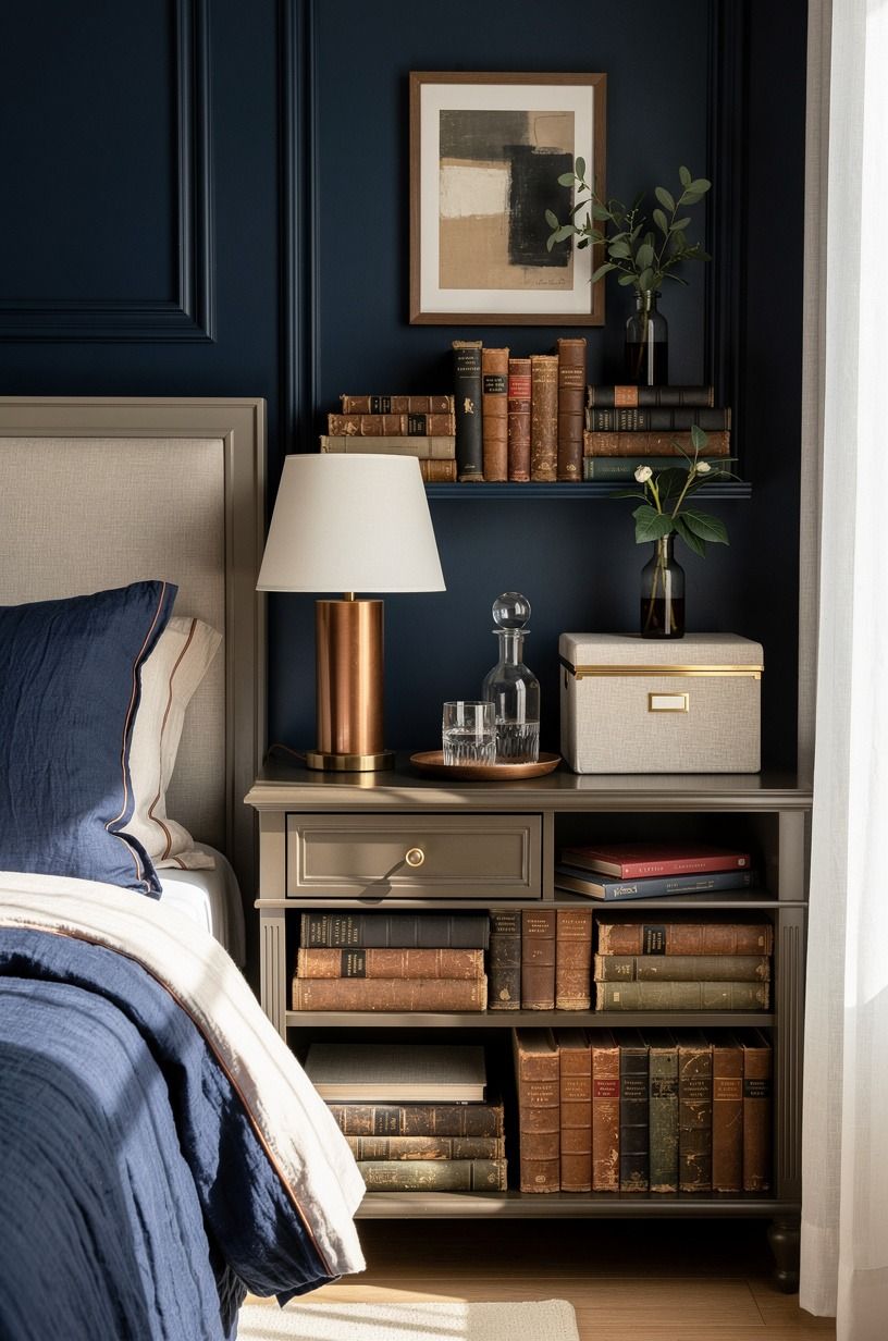 Mix old books with useful bedside storage