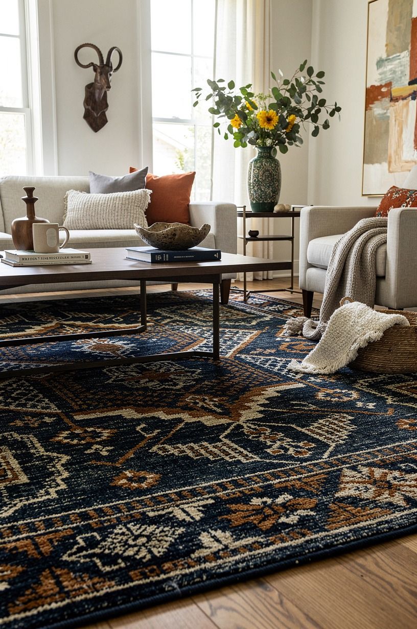 Float the furniture with a rug that earns its size