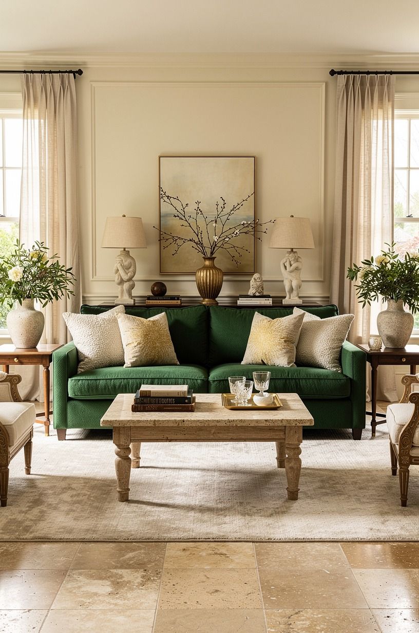 Layer old money living room ideas around one honest sofa