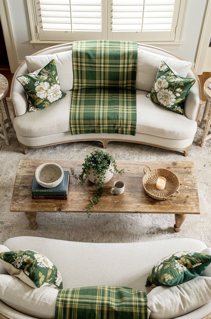 Mix plaid with florals, then give them one quiet color