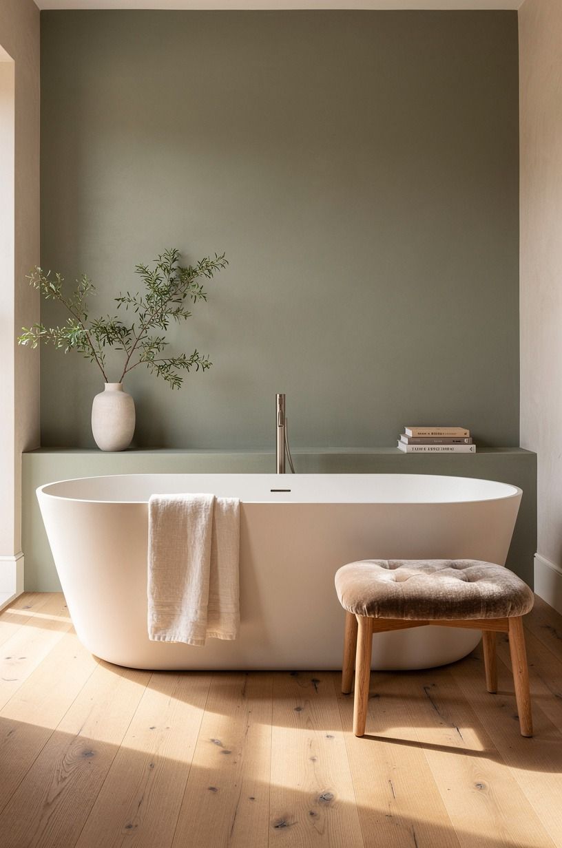 Anchor a freestanding tub with quiet wall color