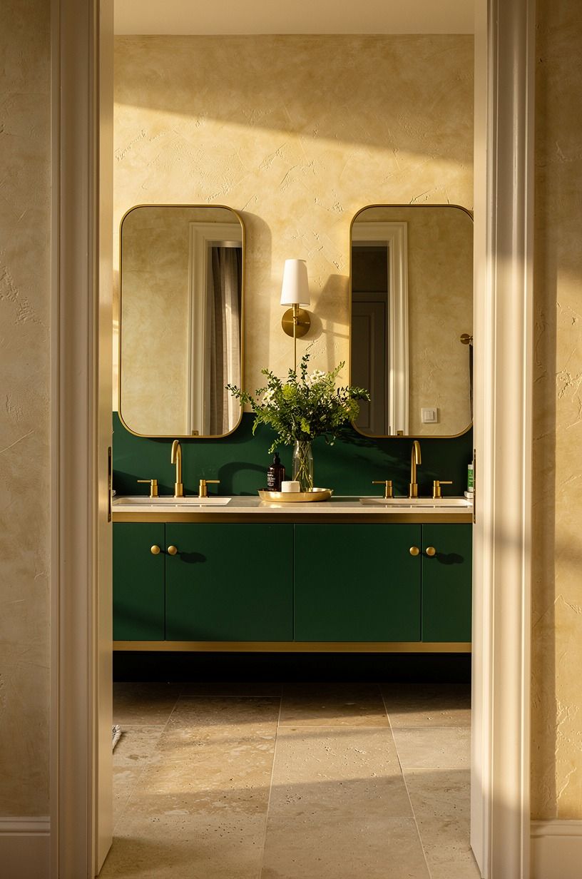 Choose brushed brass over chrome for gentle contrast