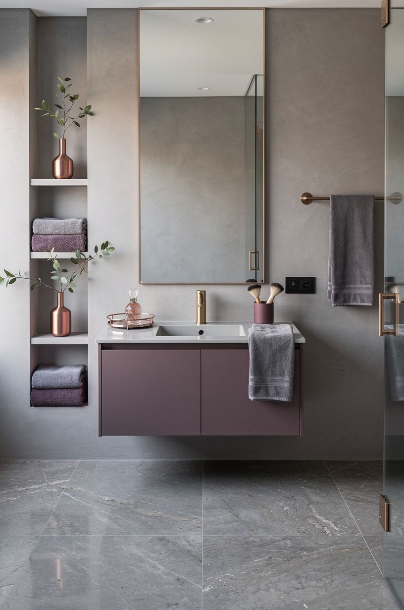 Float a wall-hung vanity above a gray travertine bathroom floor