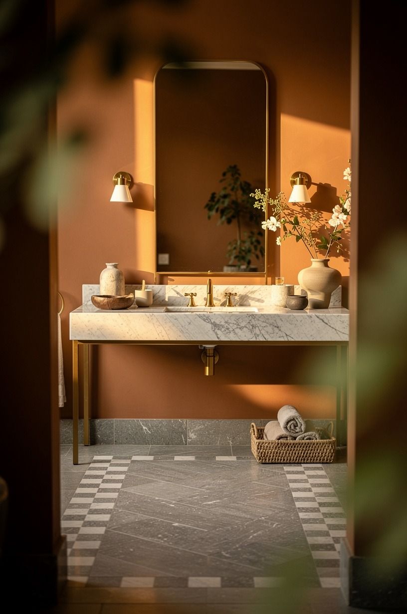 Use gray travertine tile in a checkerboard border