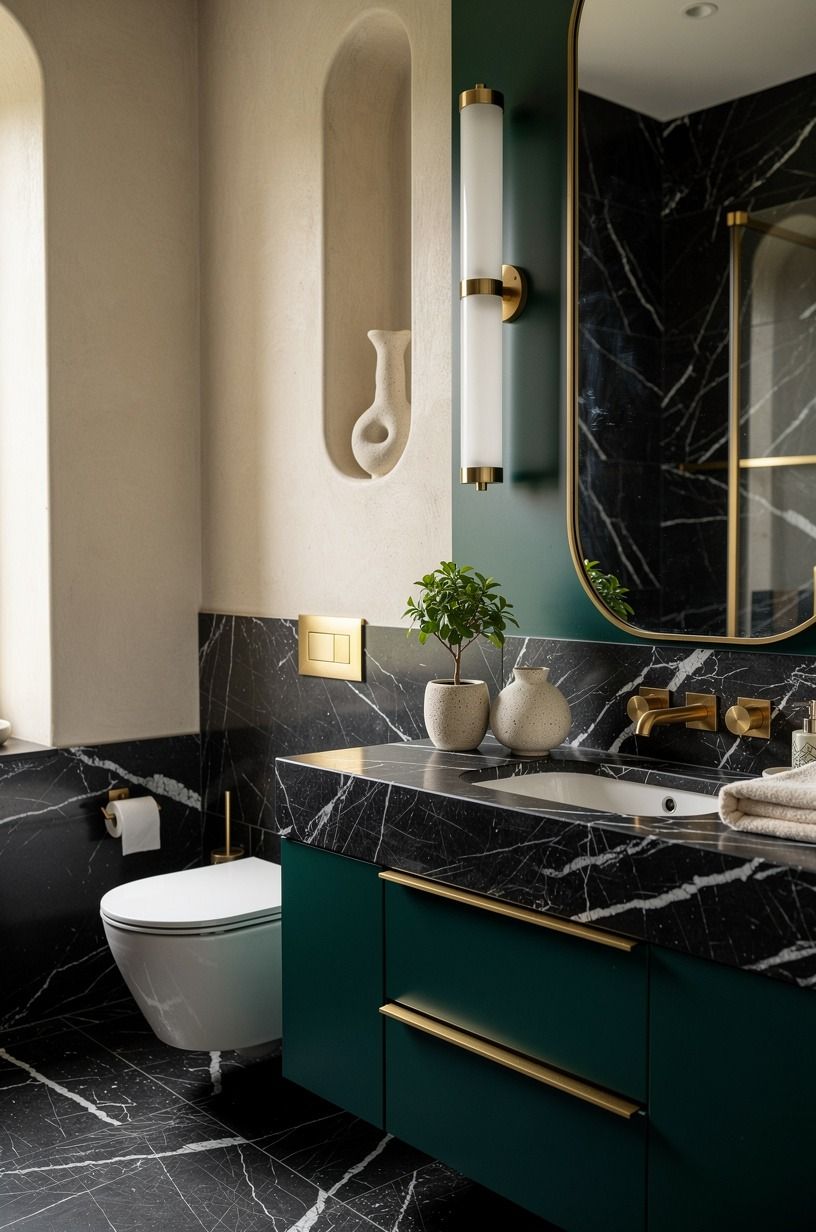 Use the Three-Height Light Stack for dark guest bathroom ideas
