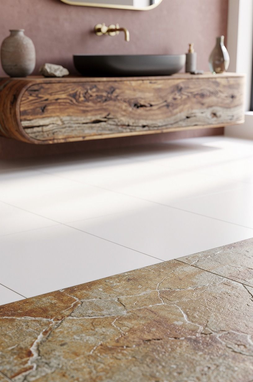 Anchor the floor with warm stone over bright white tile