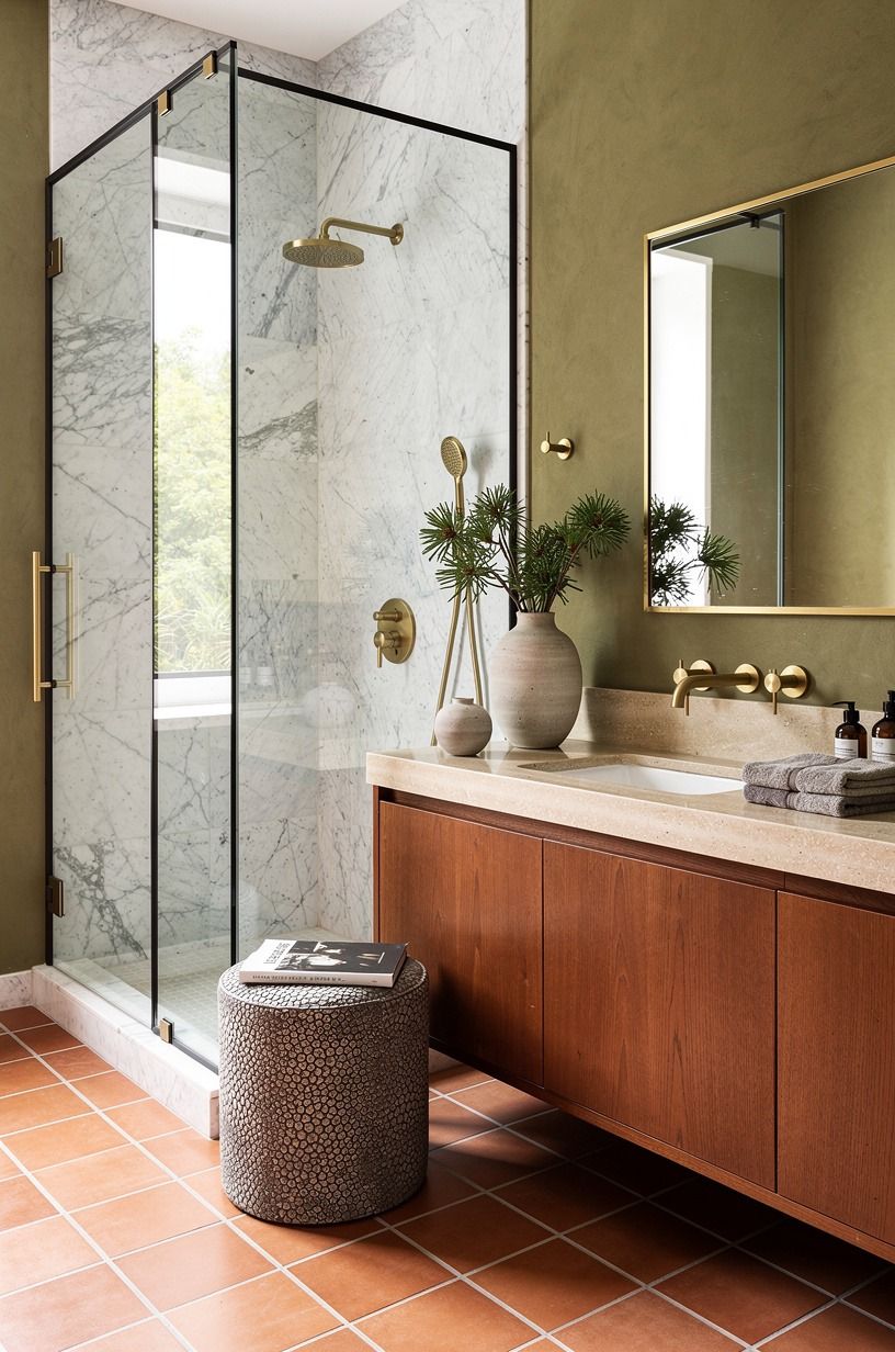 Frame a white marble walk in shower with thin black glass