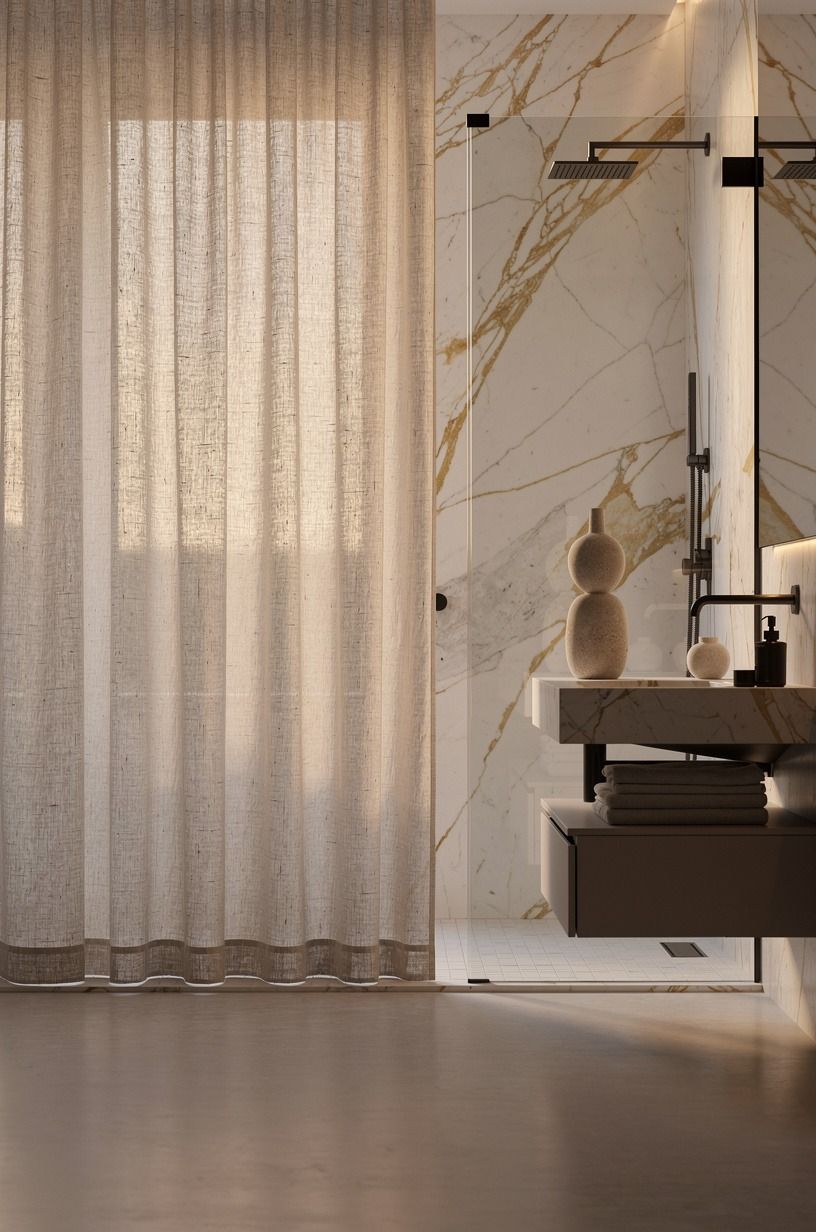 Hang a linen curtain outside the white marble shower with glass door