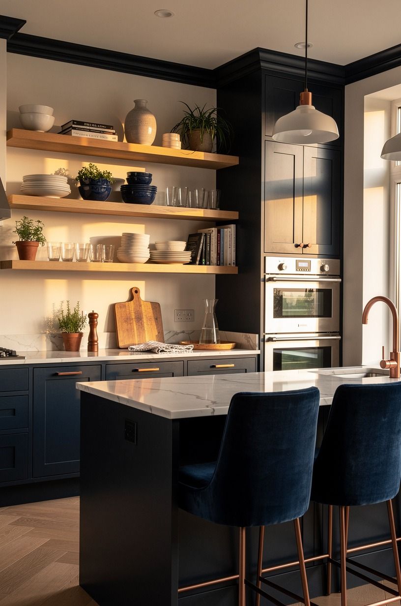 Float open shelves where you’ll use them every day