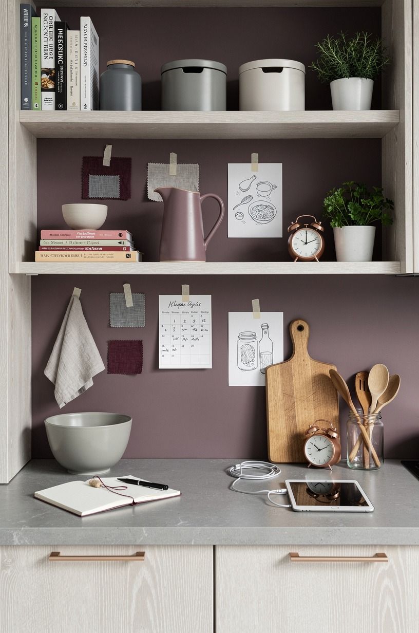 Mix a clean kitchen inspiration wall with useful clutter