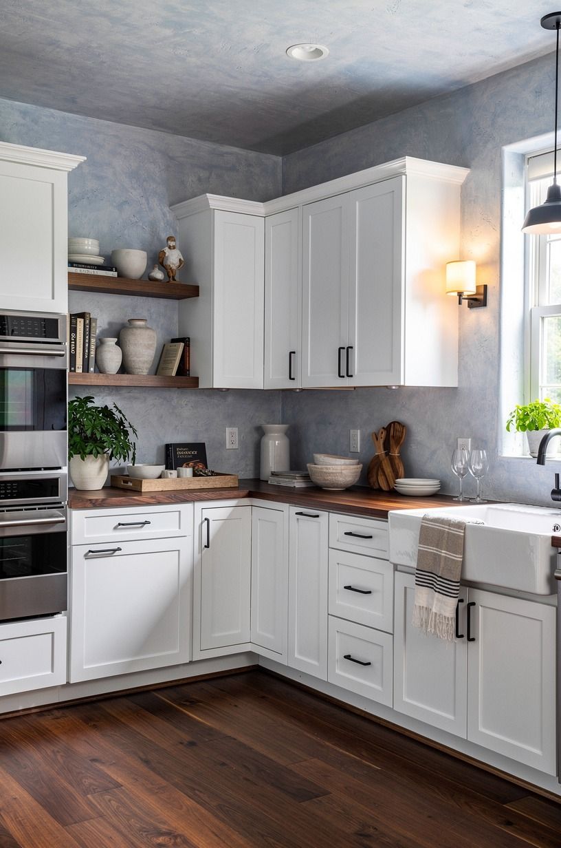 Paint the cabinets white, then ground them with the Two-Wood Rule
