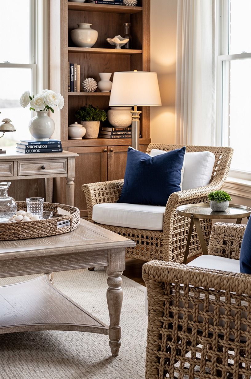 Choose woven texture over glossy beach décor
