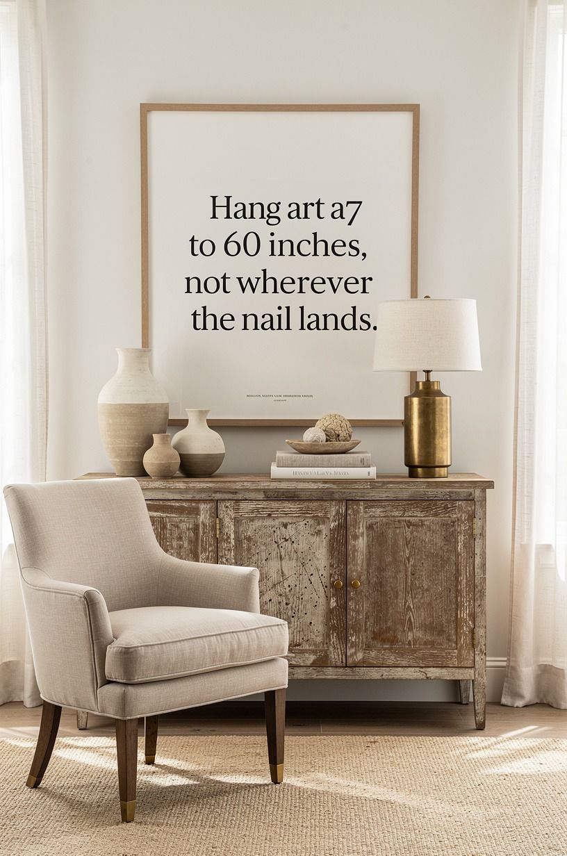 Hang art at 57 to 60 inches, not wherever the nail lands