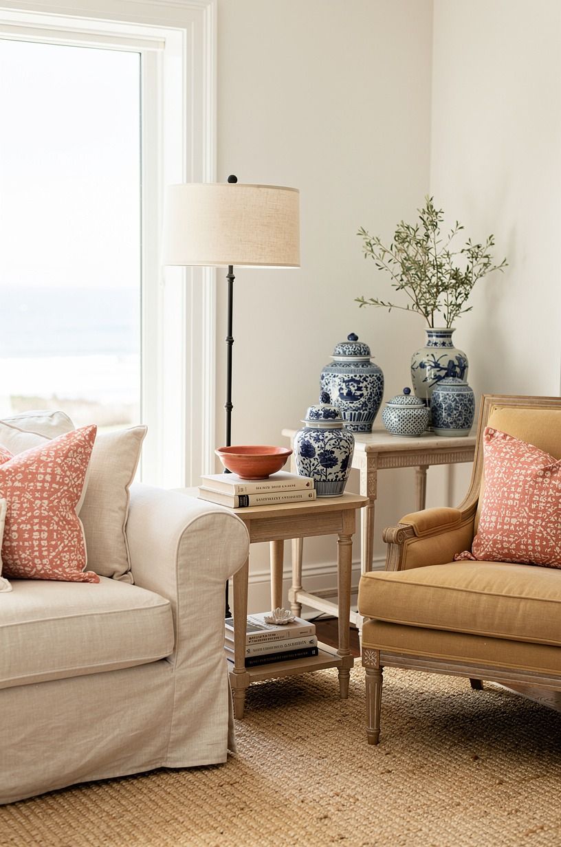 Mix blue-and-white pottery with one unexpected color