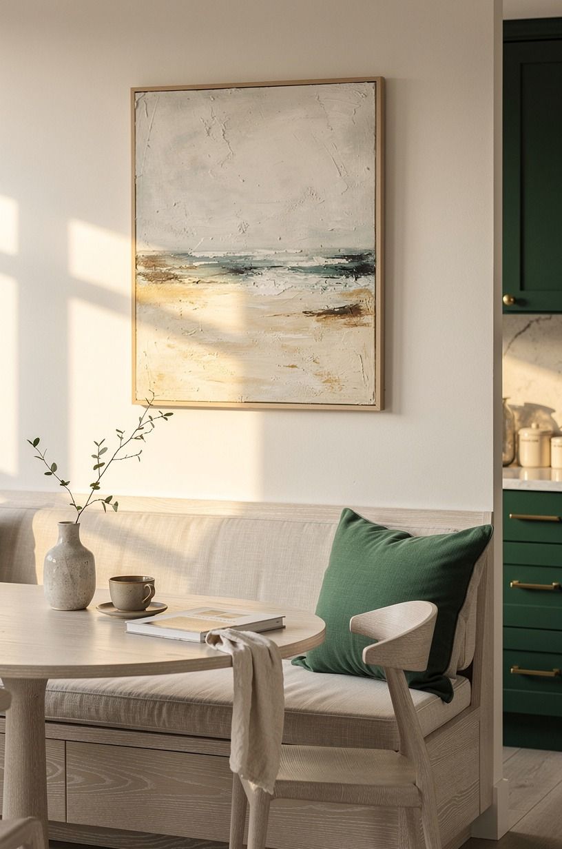 Anchor the whole nook with one imperfect coastal artwork