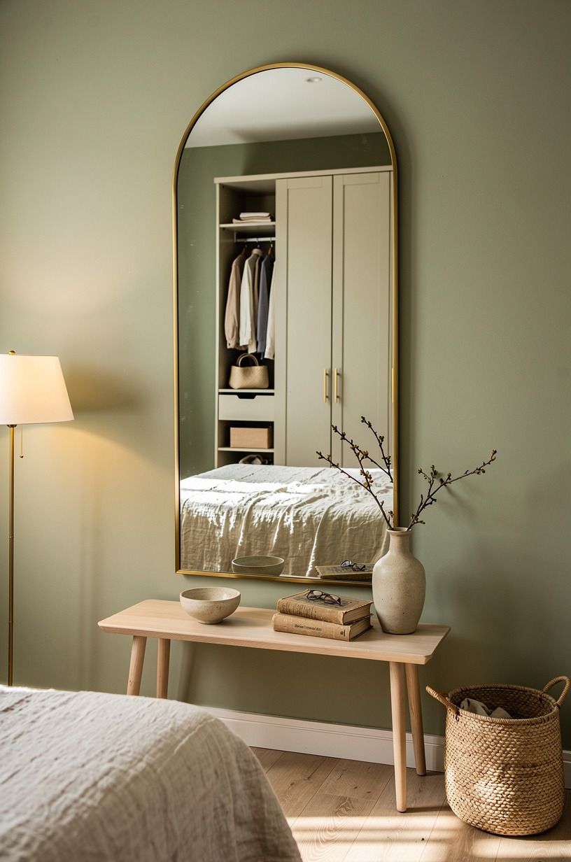 Hang a full-length arched brass mirror where you can step back