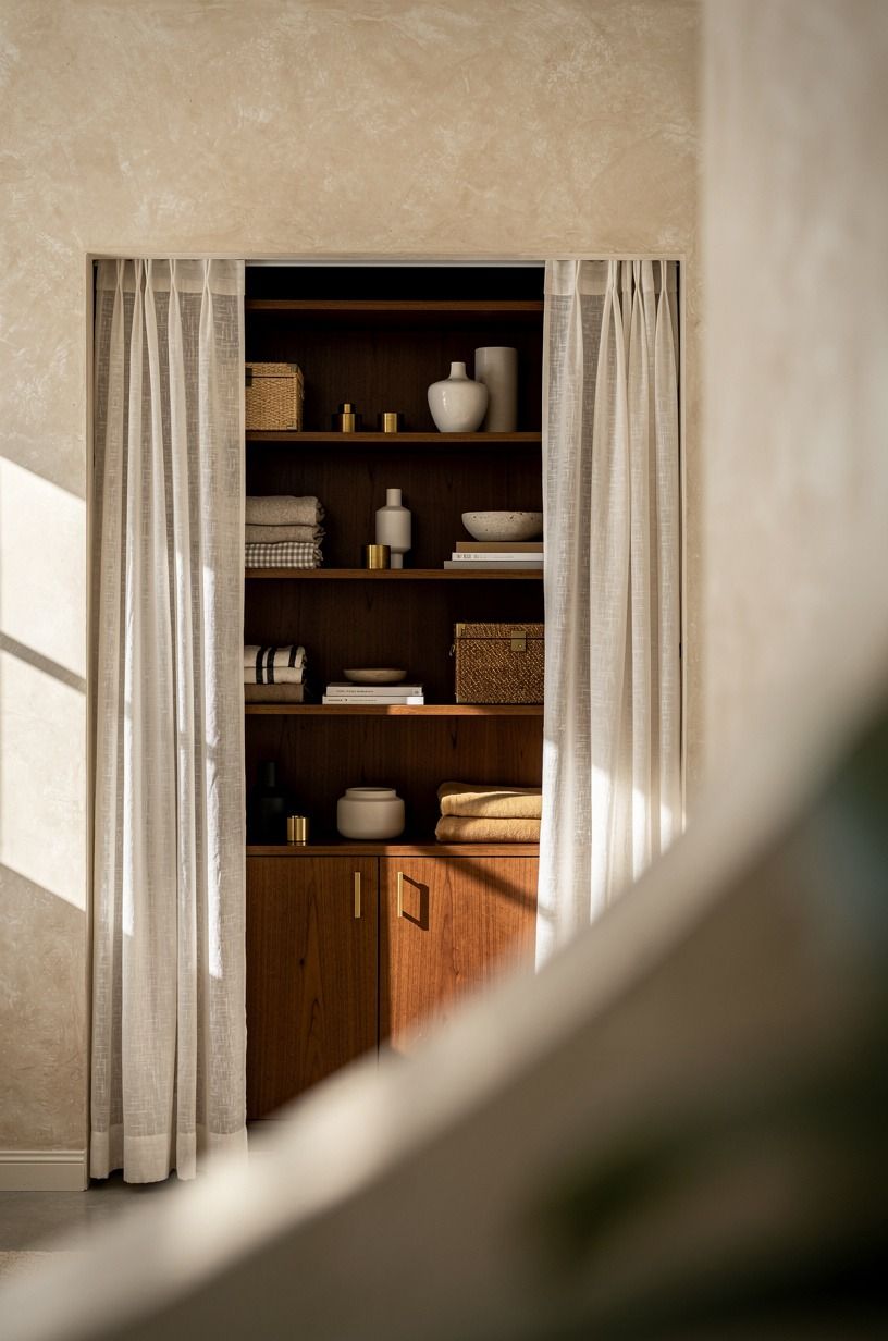 Layer a Belgian flax linen curtain over basic storage