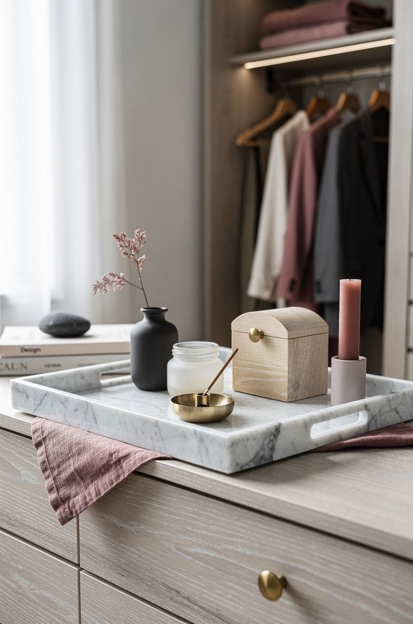 Make dresser vanity ideas work with a Carrara-style tray