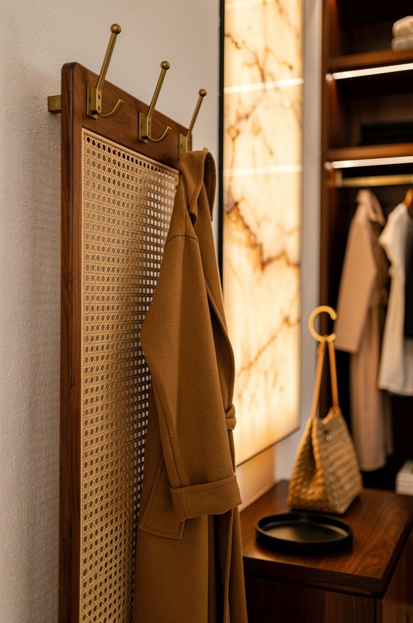 Use wall hooks for a cane webbing robe rack