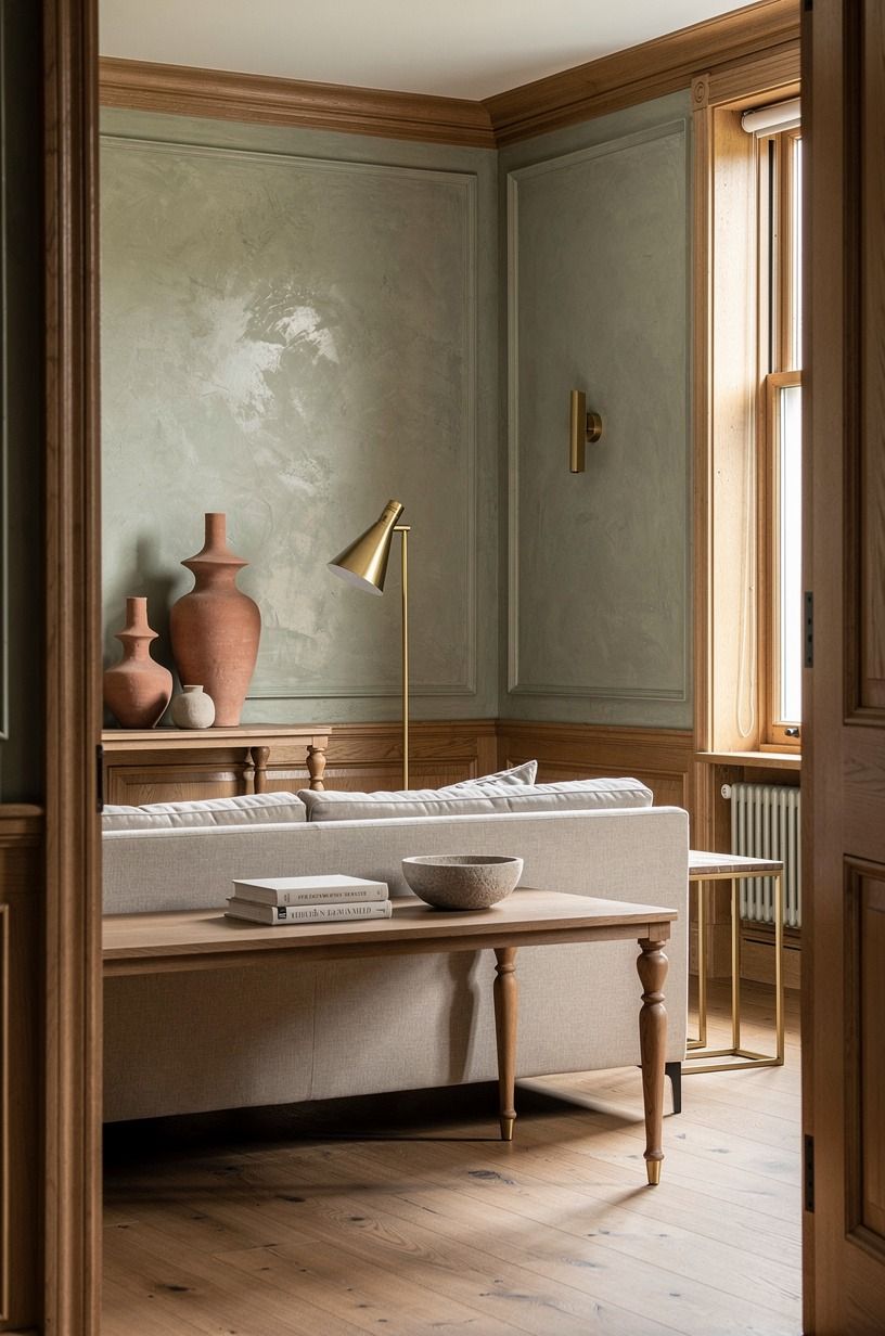 Mix Sherwin-Williams Evergreen Fog with warm oak