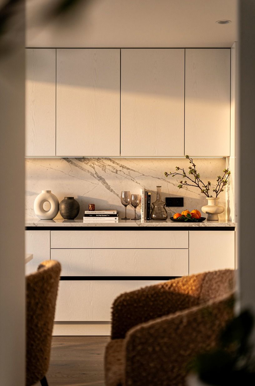 Layer white oak cabinets with a quiet stone counter