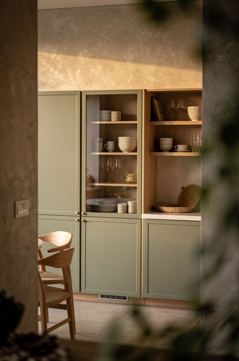 Mix closed storage with one glass-front moment