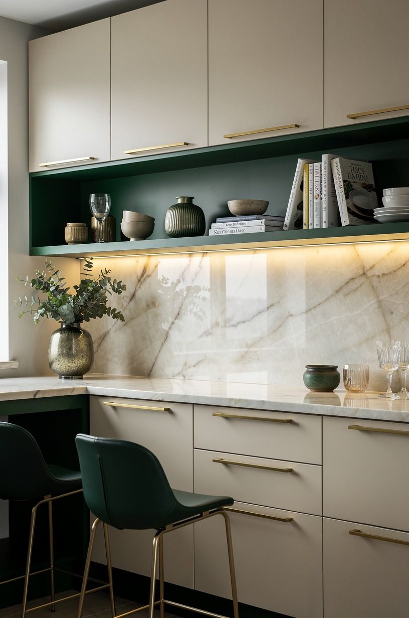 Swap upper cabinets for one long shelf