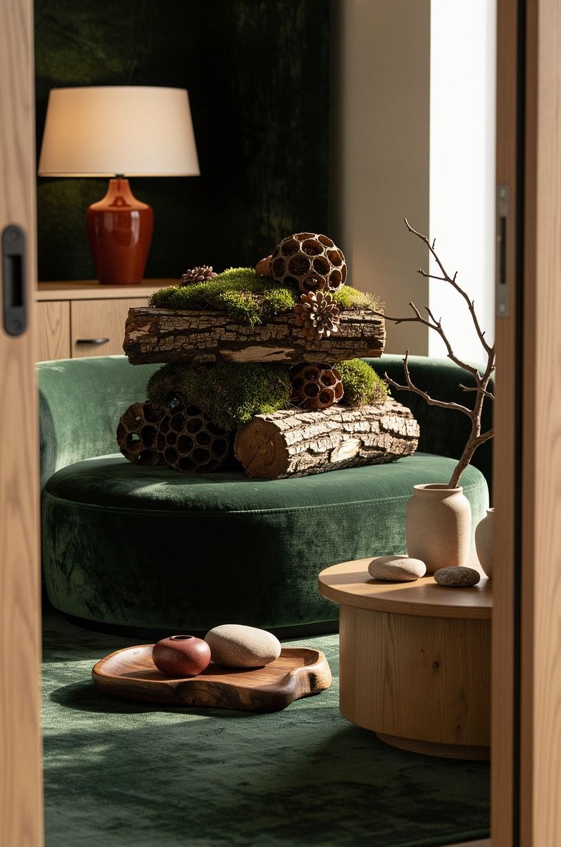 Build The Three-Texture Stack with moss, bark, and seedpods