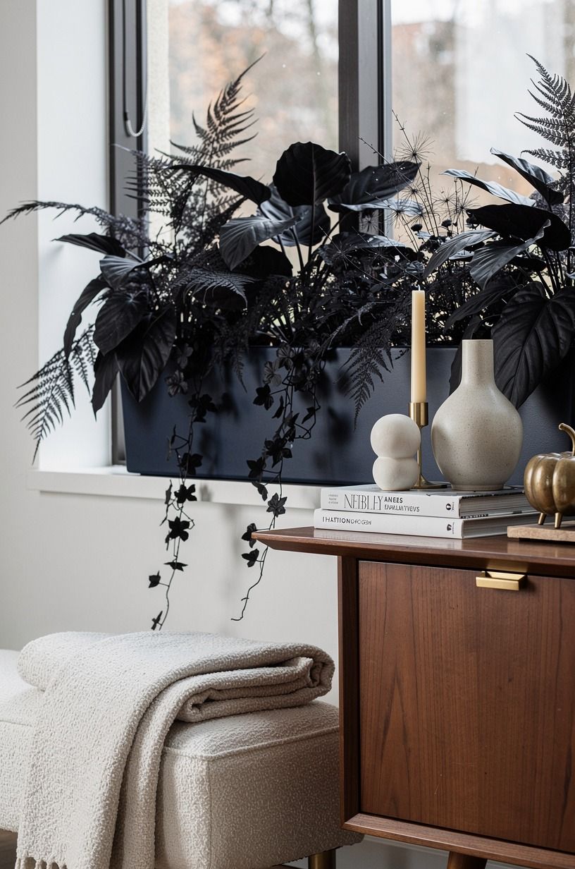 Layer black foliage for halloween window boxes (the Shadow-Garden Rule)
