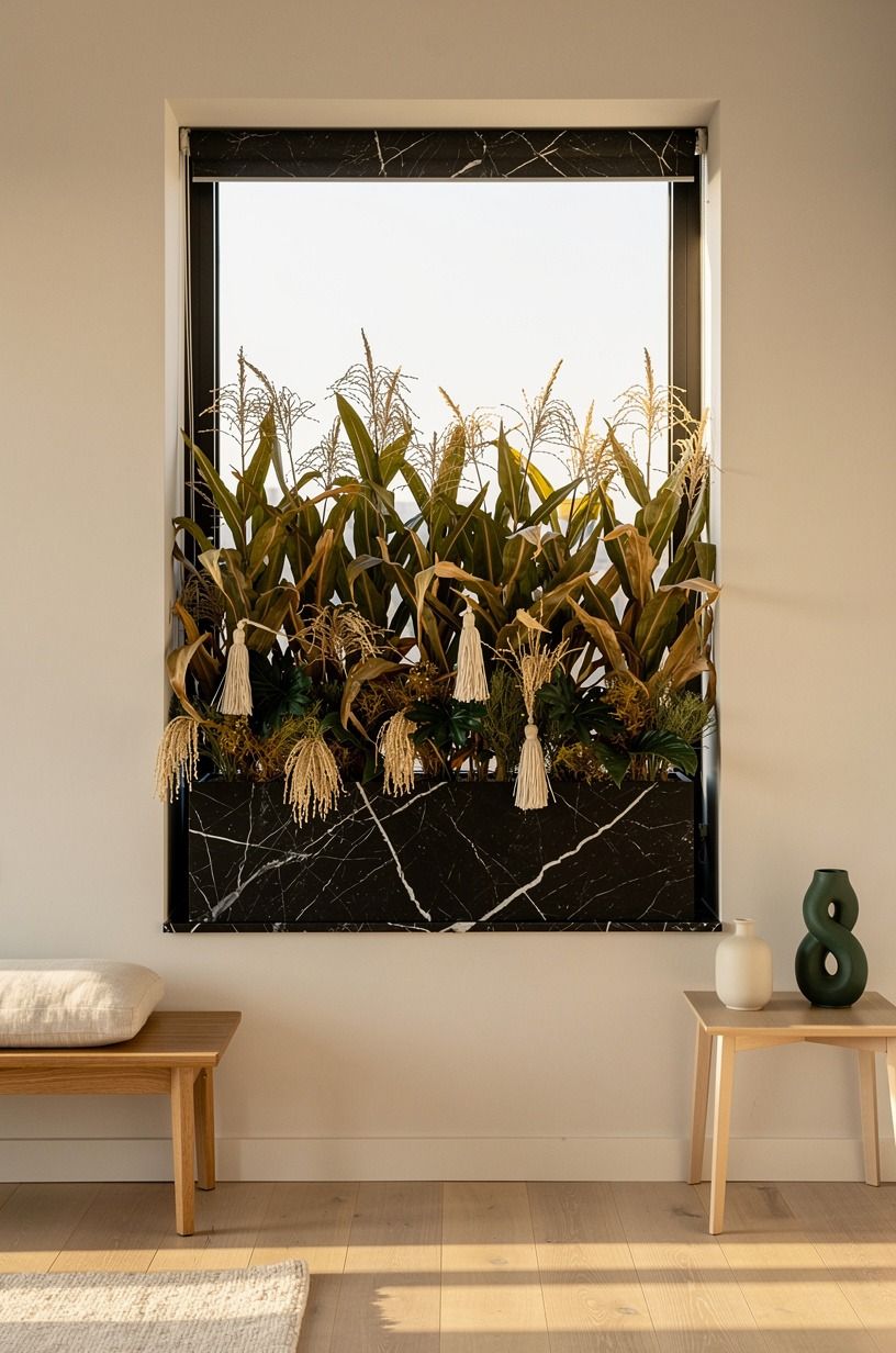 Swap petunias for dried corn stalks (window box fall decor)