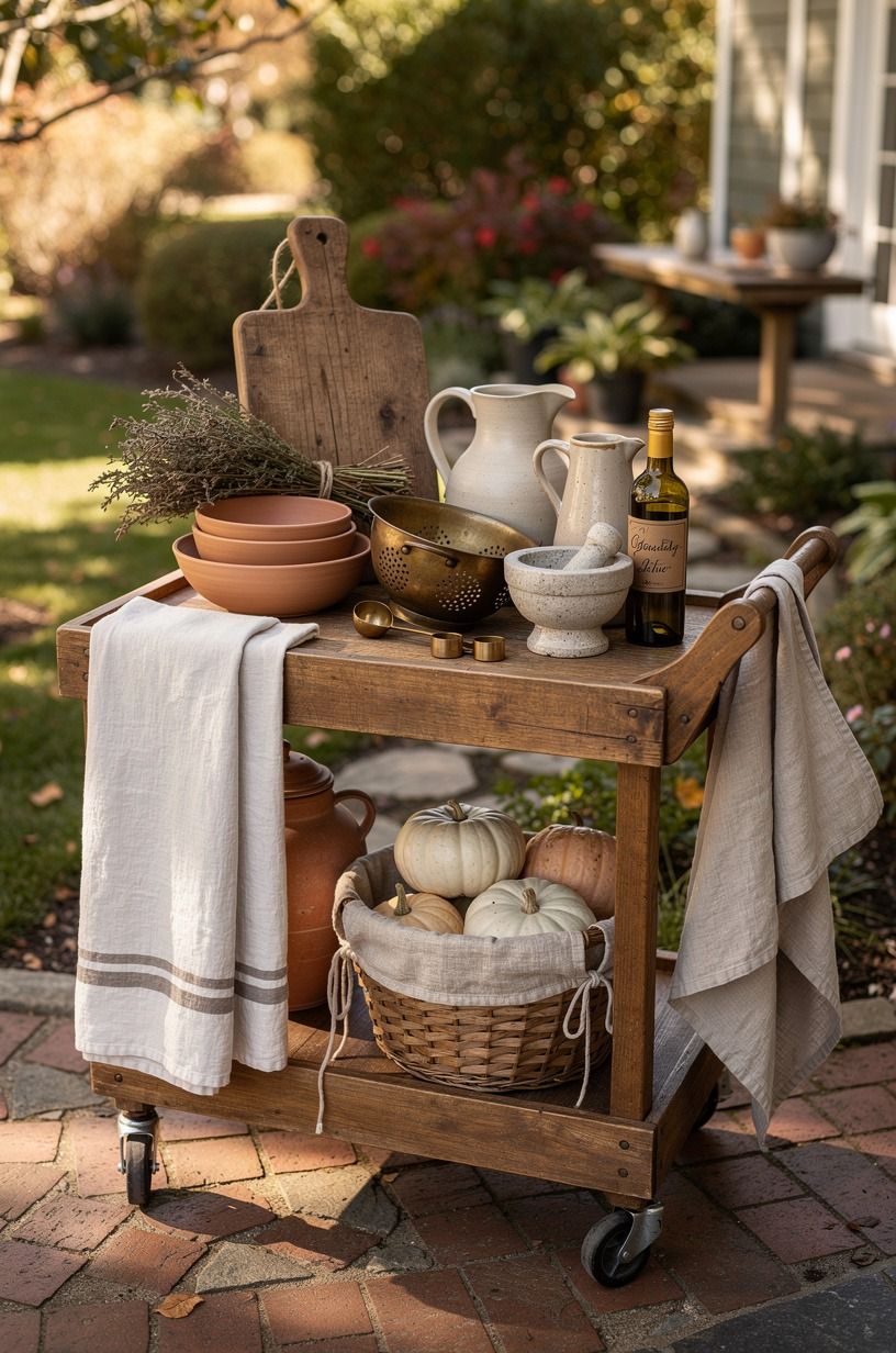 Fill a vintage cart fall decor scene with kitchen finds