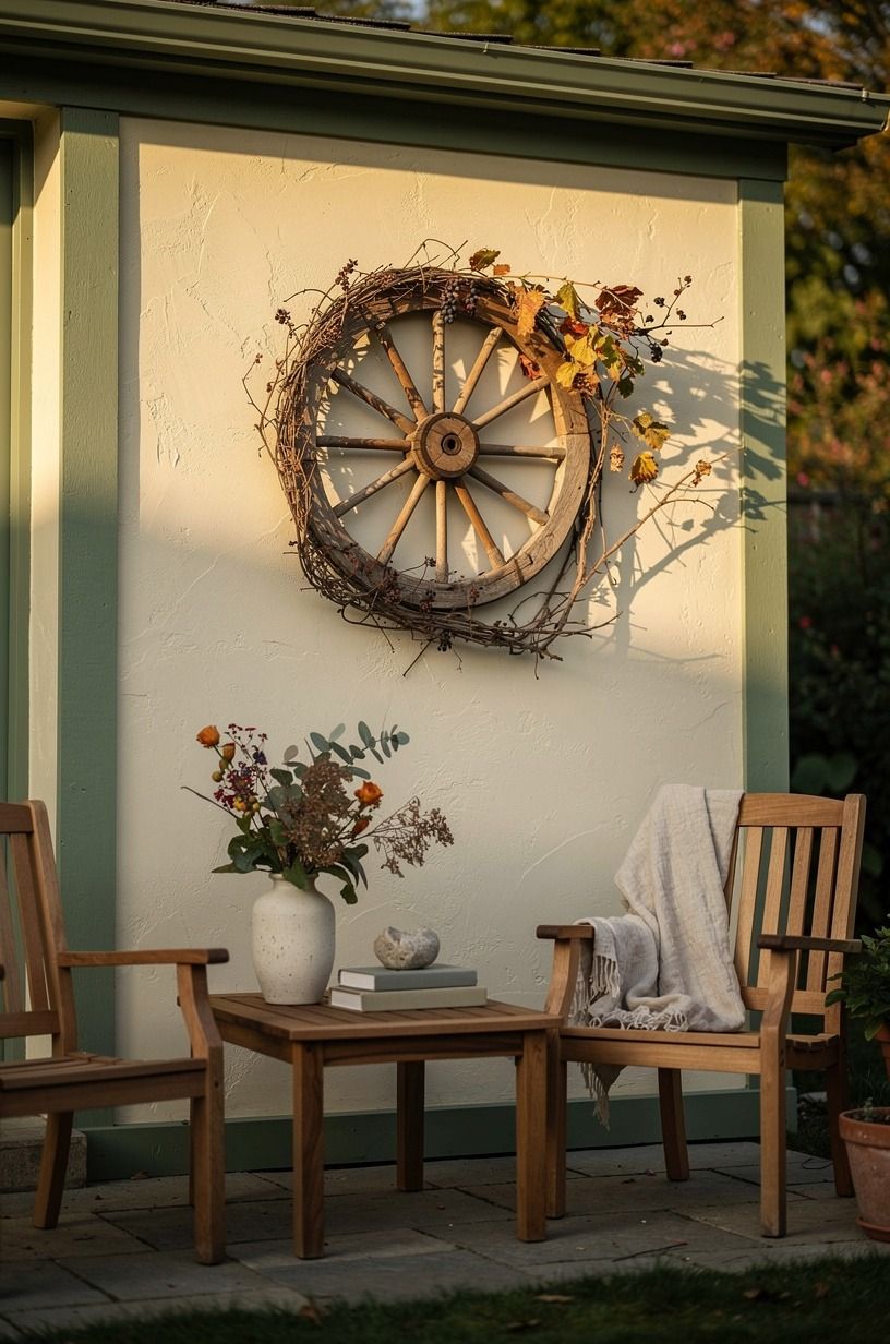 Frame the wheel with a crooked grapevine wreath