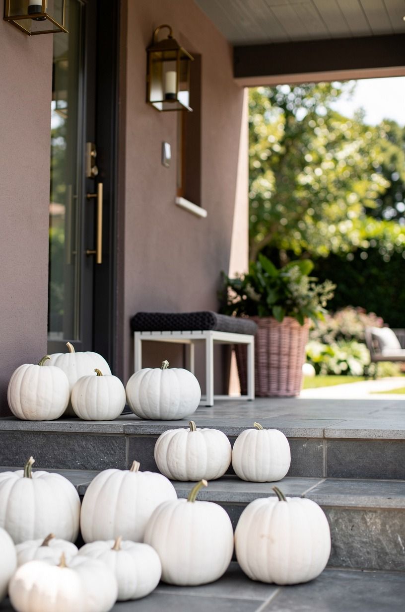 Let white pumpkins brighten a shaded entry