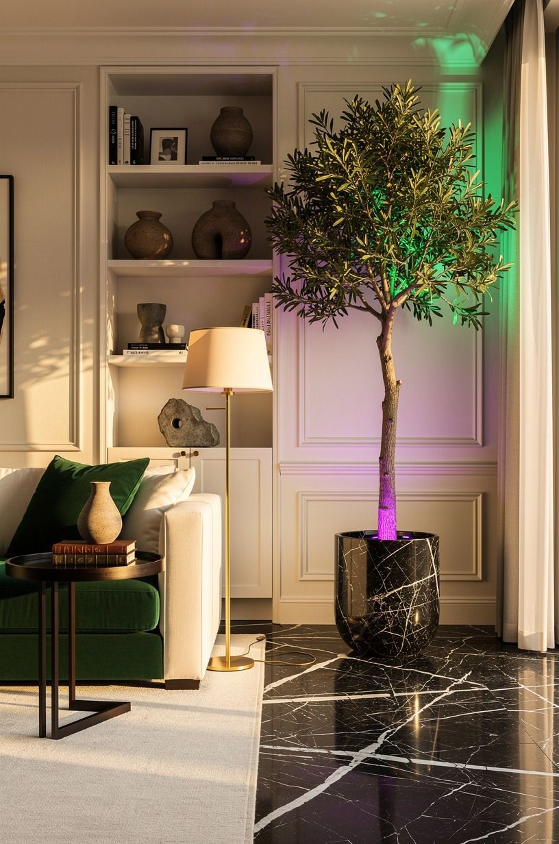 Aim purple uplighting at one mature tree