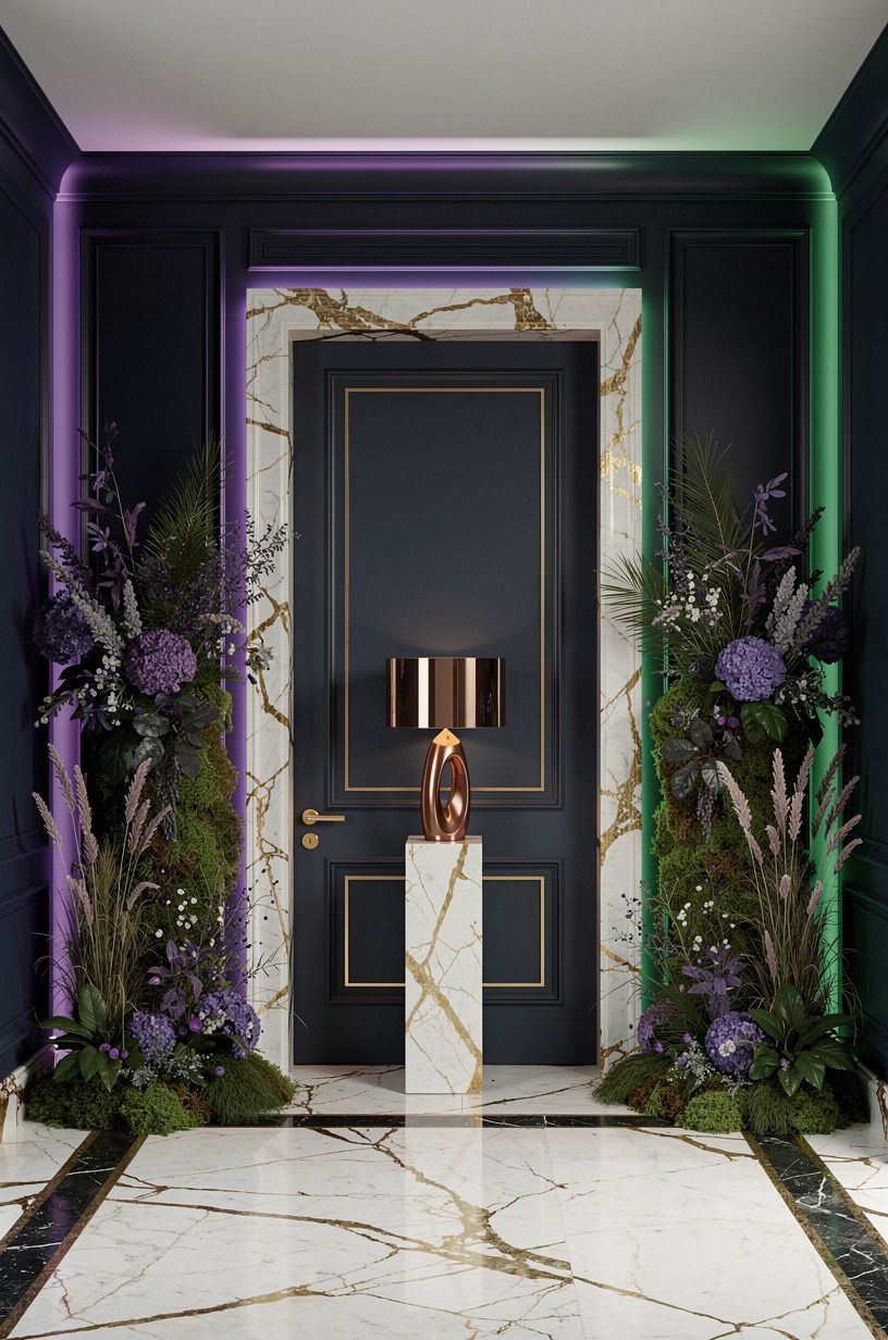Frame the front door with a violet-and-moss pairing