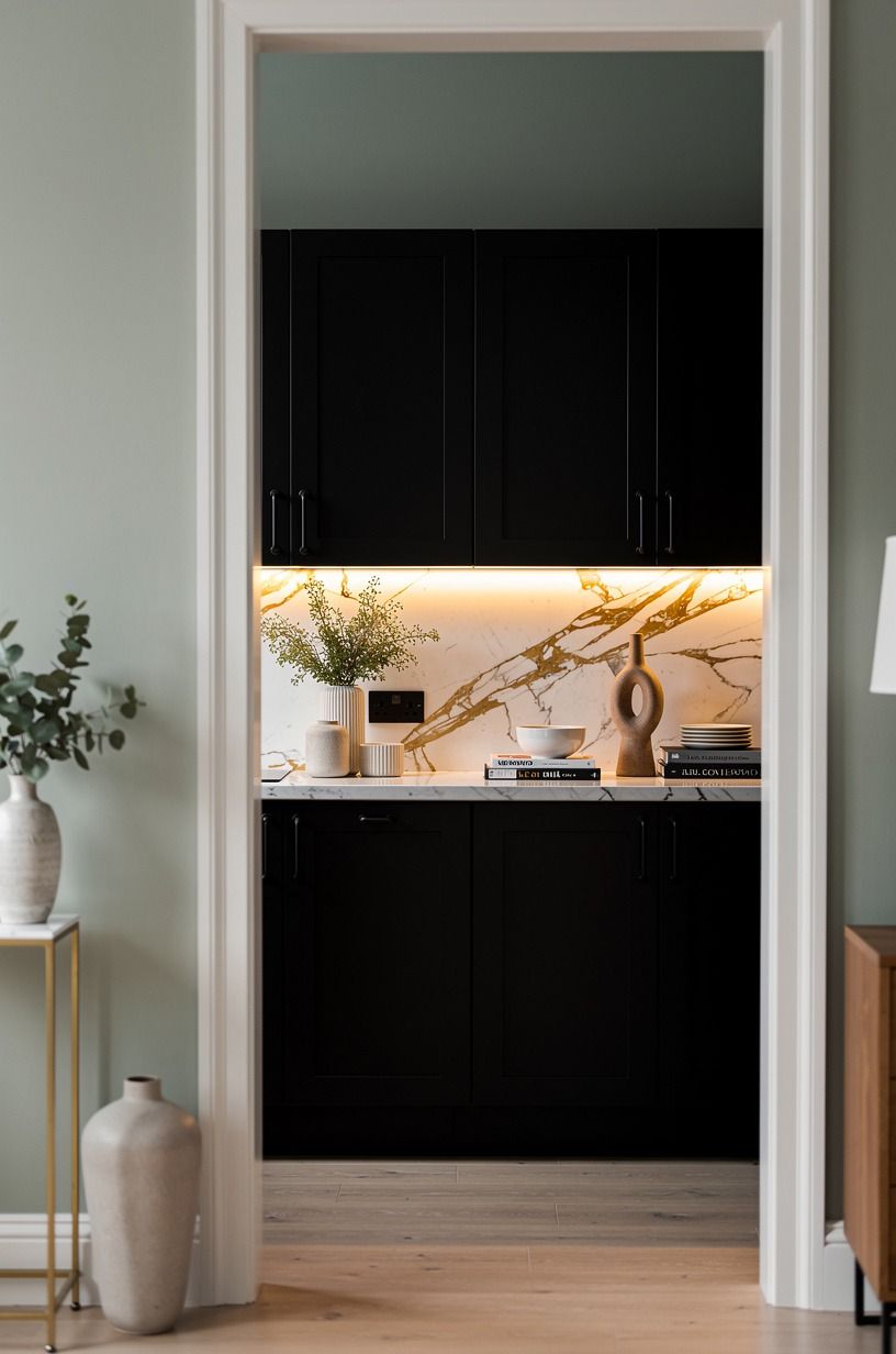Can Sherwin-Williams Evergreen Fog soften black cabinet fronts?