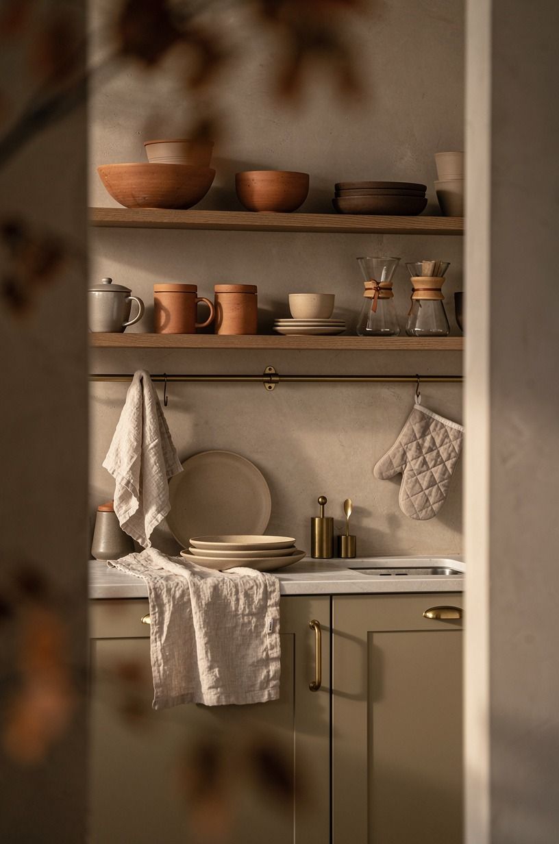 Layer kitchen shelf decor autumn with useful ceramics