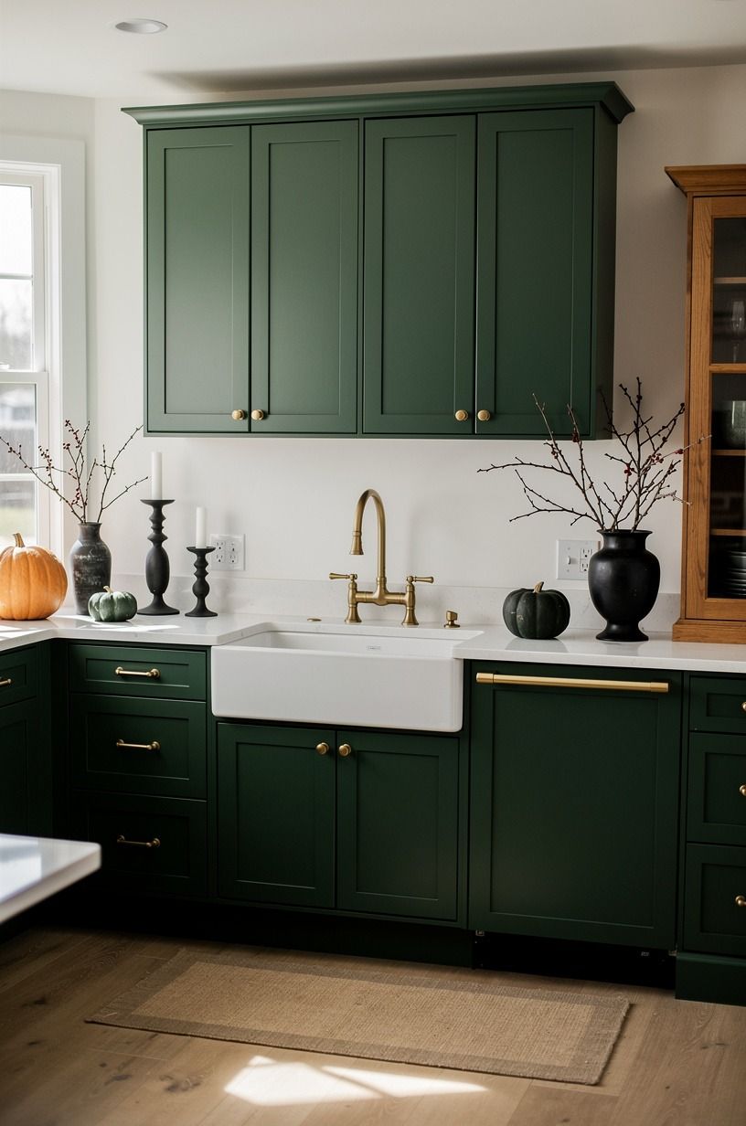 Paint the cabinet fronts in Farrow & Ball Studio Green for moody kitchen Halloween