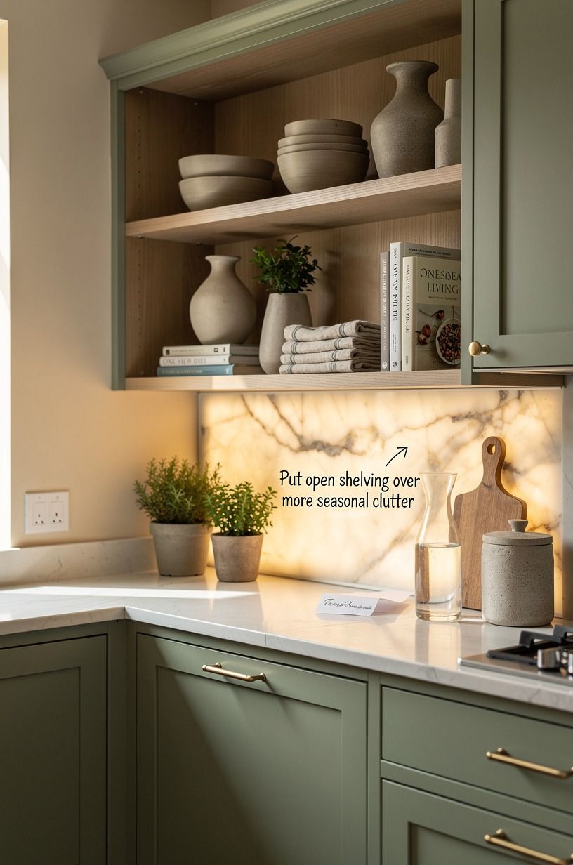 Put open shelving over more seasonal clutter with the One-View Rule