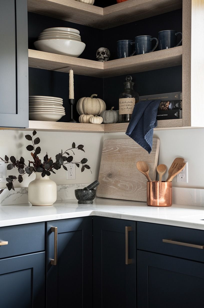 Style open shelving Halloween decor so dinner still works
