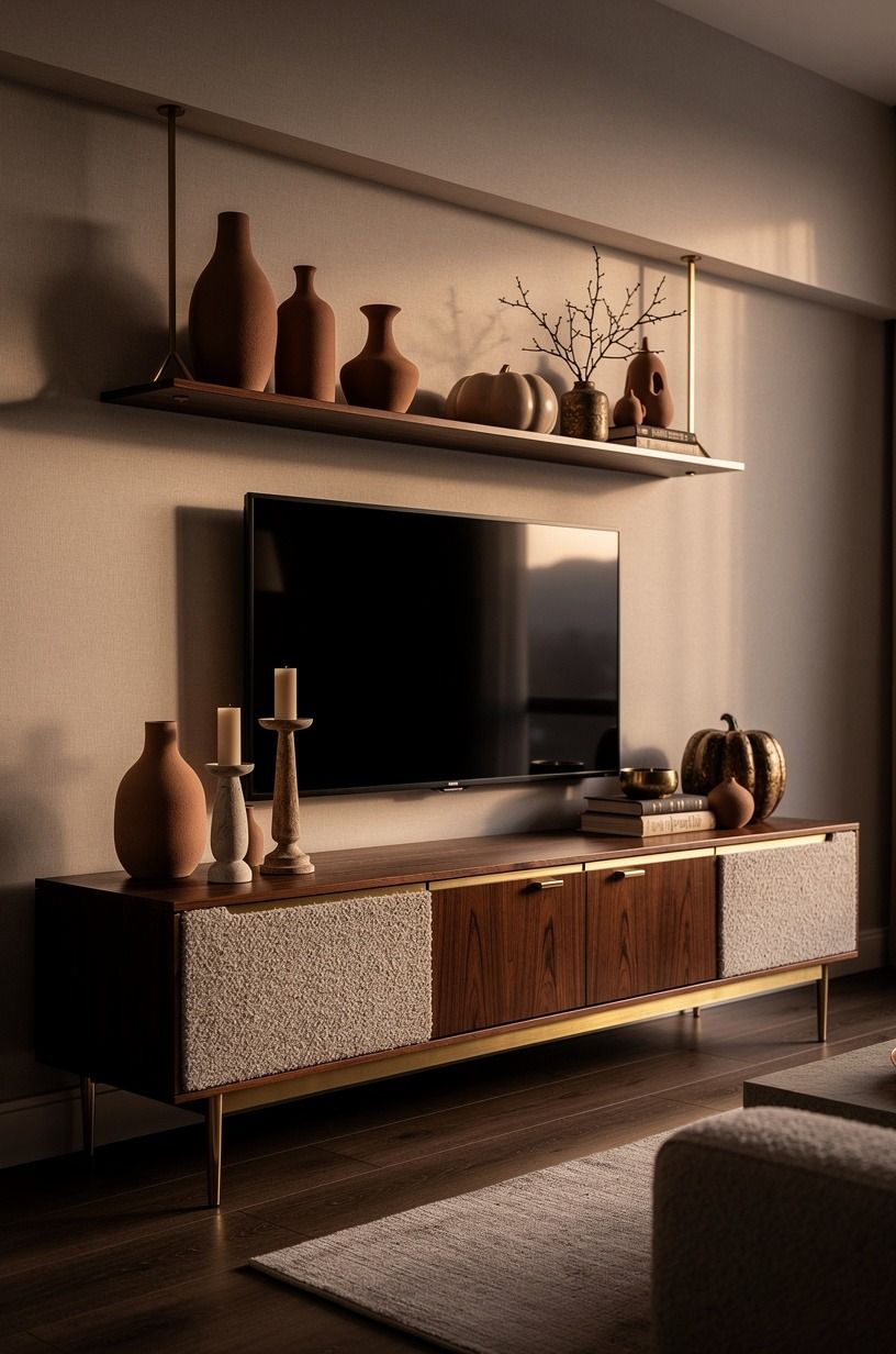 Float a shallow shelf above the screen for media console styling