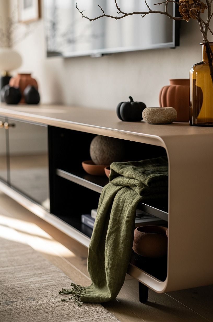 Layer black, amber, and soft texture for Halloween TV stand ideas