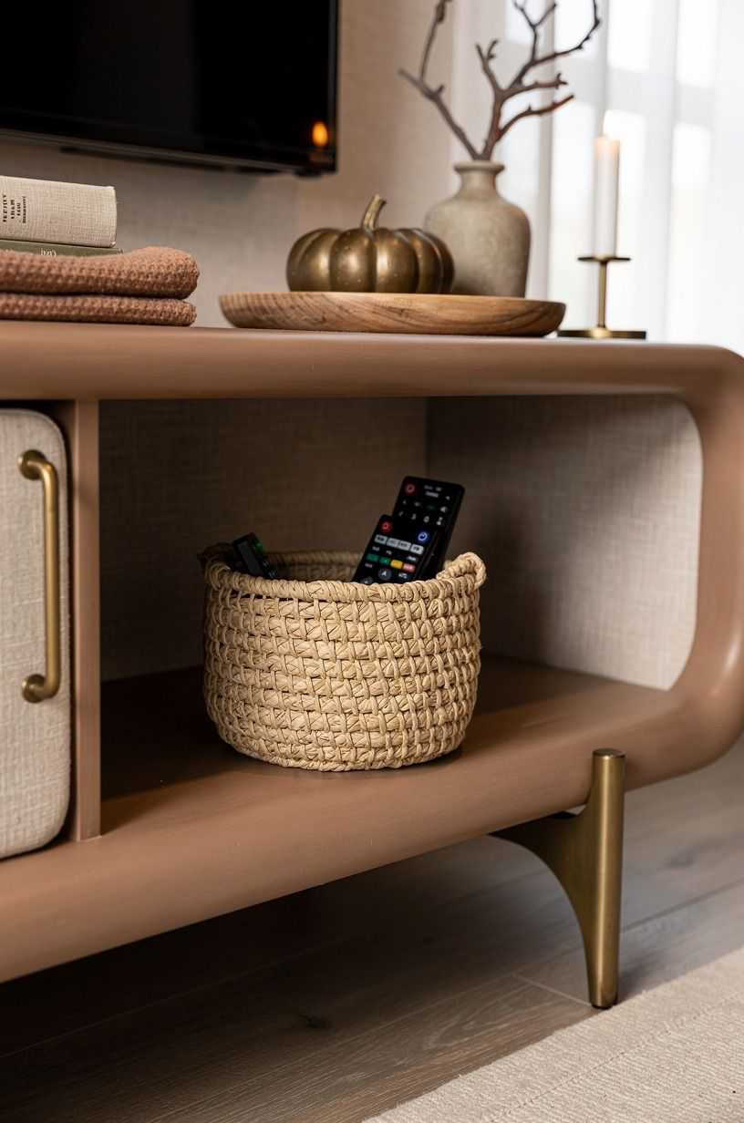 Tuck remotes into a woven basket