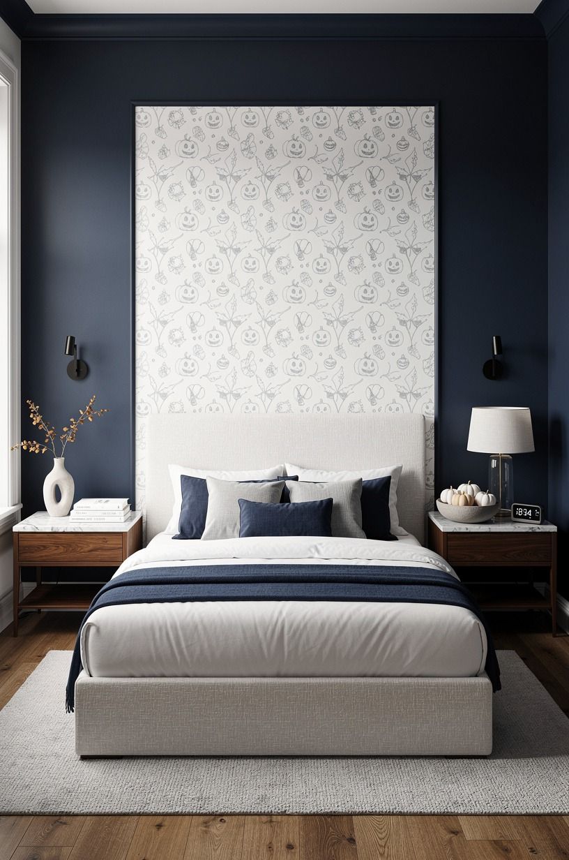 Anchor small-space removable Halloween wallpaper behind the bed