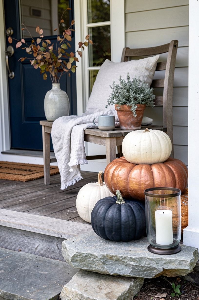 Anchor a Tiered Pumpkin Arrangement With Stone