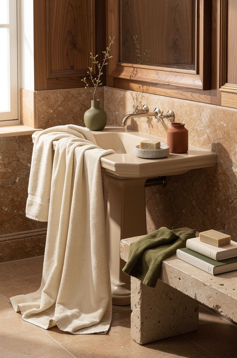 Layer Cream Textiles Around a Modern Beige Bathroom Sink
