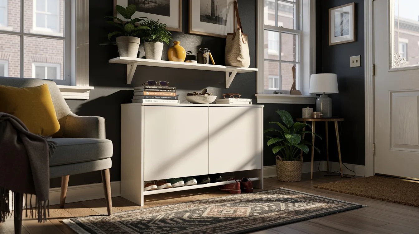 Layer a Shelf Above a Slim Shoe Cabinet